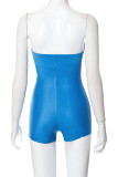 Blue Fashion Sexy Solid Hollowed Out Patchwork Backless Strapless Skinny Romper
