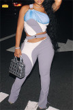 Light Blue Fashion Casual Patchwork Hollowed Out Backless One Shoulder Sleeveless Two Pieces