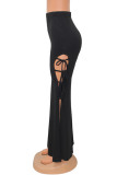 Black Fashion Casual Solid Bandage Slit Regular High Waist Trousers