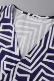 Blue White Fashion Casual Print Patchwork V Neck Regular Jumpsuits