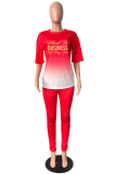 Red Fashion Print Patchwork O Neck Short Sleeve Two Pieces