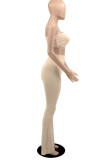 Khaki Sexy Solid Patchwork Strapless Sleeveless Two Pieces
