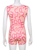 Pink Sexy Print Hollowed Out Patchwork U Neck Regular Rompers