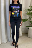 Black Fashion Casual Print Patchwork O Neck T-Shirts
