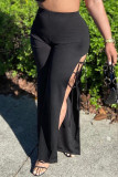 Black Fashion Casual Solid Bandage Slit Regular High Waist Trousers