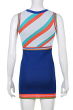 Blue Casual Print Patchwork O Neck Pencil Skirt Dresses
