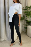 White Fashion Casual Letter Print Asymmetrical O Neck T-Shirts