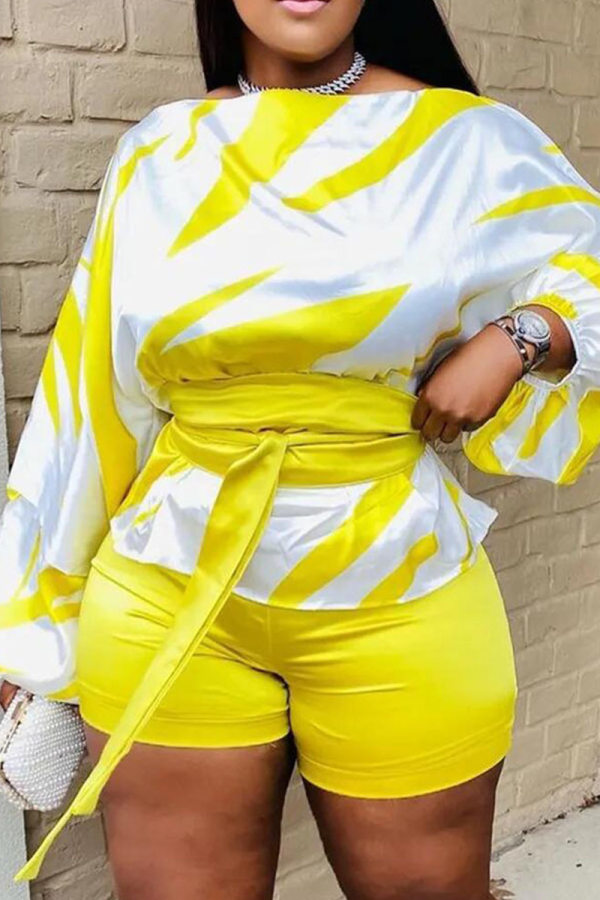 Yellow Casual Print Bandage O Neck Long Sleeve Two Pieces