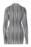 Black Fashion Casual Striped Print Patchwork Turndown Collar Long Sleeve Two Pieces