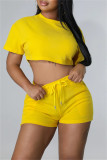 Yellow Fashion Casual Solid Patchwork O Neck Short Sleeve Two Pieces