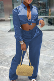 Blue Casual Solid Patchwork Turndown Collar Long Sleeve Two Pieces