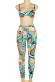 Purple Fashion Sexy Print Vests Pants Spaghetti Strap Sleeveless Two Pieces