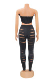 Black Fashion Sexy Solid Ripped Patchwork Backless Strapless Sleeveless Two Pieces