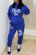 Blue Fashion Print Draw String Hooded Collar Long Sleeve Two Pieces