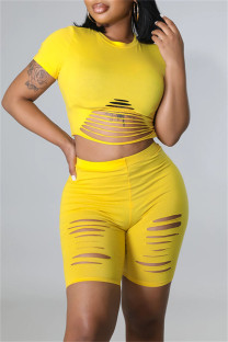 Yellow Fashion Casual Solid Ripped Hollowed Out O Neck Short Sleeve Two Pieces