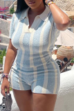 Blue White Fashion Striped Patchwork Turndown Collar Short Sleeve Two Pieces