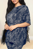 Grey Fashion Casual Print Patchwork O Neck Short Sleeve Two Pieces