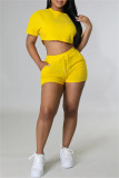 Yellow Fashion Casual Solid Patchwork O Neck Short Sleeve Two Pieces