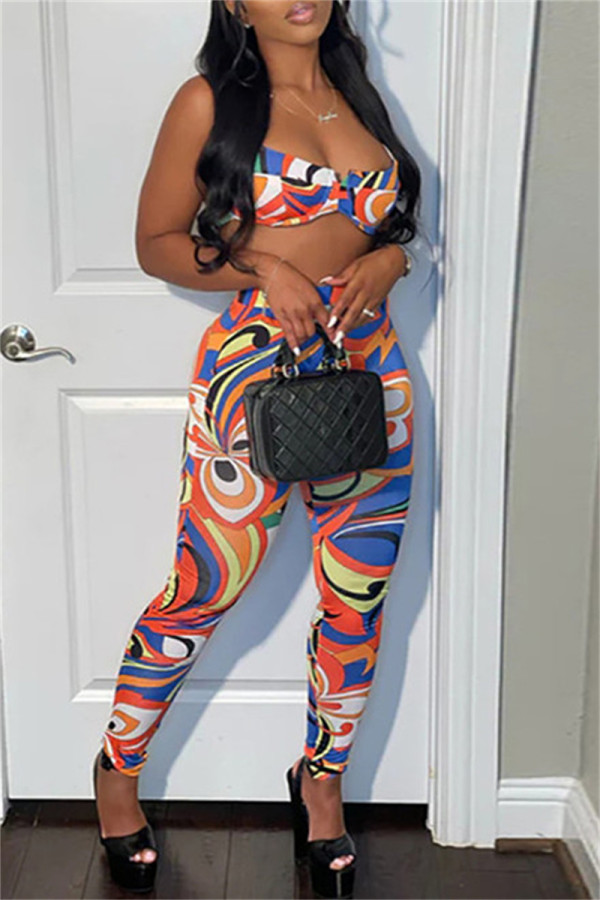 Purple Fashion Sexy Print Vests Pants Spaghetti Strap Sleeveless Two Pieces
