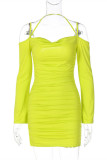 Green Yellow Fashion Sexy Solid Backless Off the Shoulder Long Sleeve Dresses