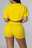 Yellow Fashion Casual Solid Patchwork O Neck Short Sleeve Two Pieces