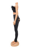 Black Fashion Sexy Solid Ripped Patchwork Backless Strapless Sleeveless Two Pieces
