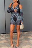 Blue Sexy Print Patchwork V Neck Skinny Rompers