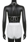 White Sexy Solid Patchwork Feathers Halter Sleeveless Two Pieces