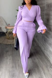 Purple Casual V Neck Long Sleeve Two Pieces