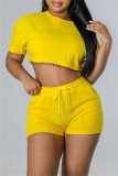 Yellow Fashion Casual Solid Patchwork O Neck Short Sleeve Two Pieces