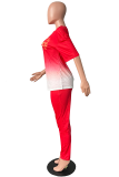 Red Fashion Print Patchwork O Neck Short Sleeve Two Pieces