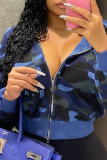 Blue Fashion Camouflage Print Patchwork Hooded Collar Outerwear