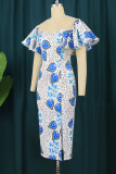 White Elegant Print Patchwork Slit O Neck One Step Skirt Dresses