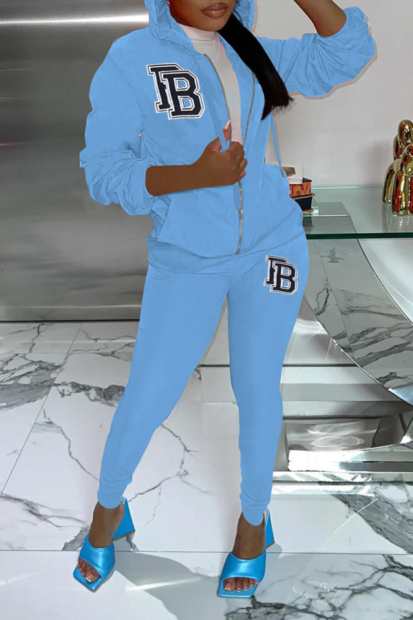Sky Blue Casual Sportswear Solid Embroidered Patchwork Hooded Collar Long Sleeve Two Pieces