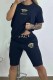 Black Fashion Casual Print Letter O Neck Short Sleeve Two Pieces