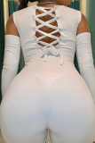 White Sexy Solid Backless Hot Drill O Neck Skinny Rompers