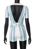 Blue White Fashion Striped Patchwork Turndown Collar Short Sleeve Two Pieces