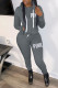 Dark Gray Casual Print Patchwork Zipper Hooded Collar Long Sleeve Two Pieces