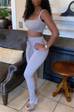 Grey Sexy Casual Sportswear Solid Slit Pants Spaghetti Strap Sleeveless Two Pieces