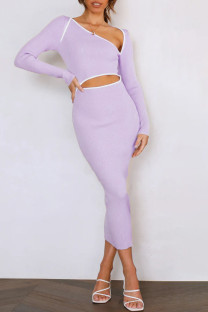 Purple Sexy Solid Hollowed Out Patchwork Asymmetrical Asymmetrical Collar Pencil Skirt Dresses