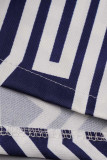 Blue White Fashion Casual Print Patchwork V Neck Regular Jumpsuits