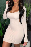 Black Sexy Casual Solid Bandage Backless O Neck Long Sleeve Dresses