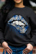 Black Fashion Street Lips Printed Patchwork O Neck Tops