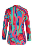 Colour Casual Print Patchwork Buttons Turn-back Collar Long Sleeve Two Pieces
