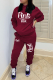 Burgundy Fashion Print Draw String Hooded Collar Long Sleeve Two Pieces
