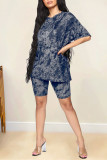 Grey Fashion Casual Print Patchwork O Neck Short Sleeve Two Pieces