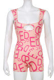 Pink Sexy Print Hollowed Out Patchwork U Neck Regular Rompers