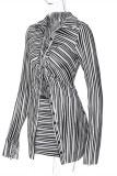 Black Fashion Casual Striped Print Patchwork Turndown Collar Long Sleeve Two Pieces