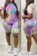Blue Fashion Patchwork Tie-dye O Neck Short Sleeve Two Pieces