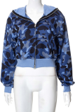Blue Fashion Camouflage Print Patchwork Hooded Collar Outerwear